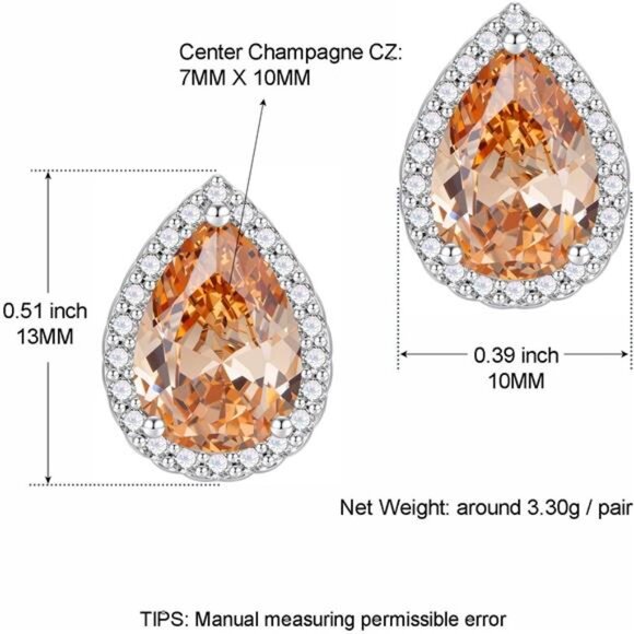 Champagne Teardrop Halo Stud Earrings Cubic Zirconia Simulated Diamond Jewelry - Picture 2 of 7
